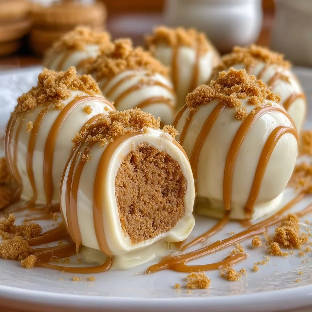 Delicious white chocolate Biscoff truffles on a decorative plate