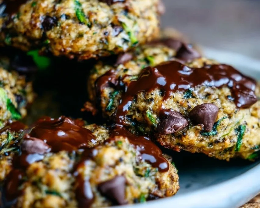 Delicious zucchini chocolate chip cookies on a wooden plate
