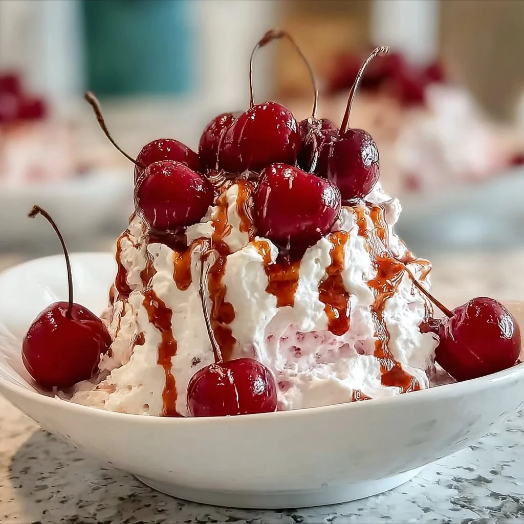 Delicious Cherry Cheesecake Fluff dessert served in a bowl