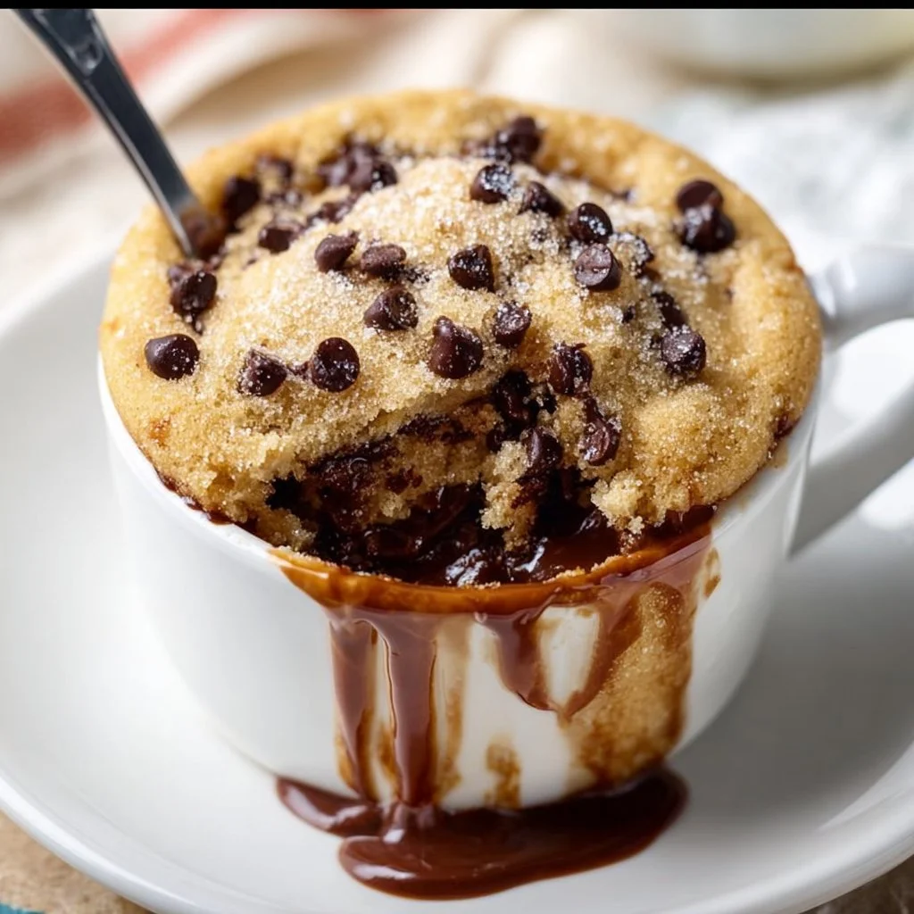 Delicious chocolate chip mug cake in a white mug