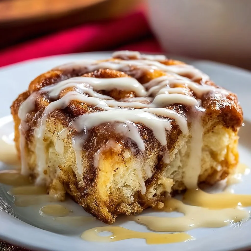 Delicious cinnamon roll cake topped with creamy cream cheese icing.