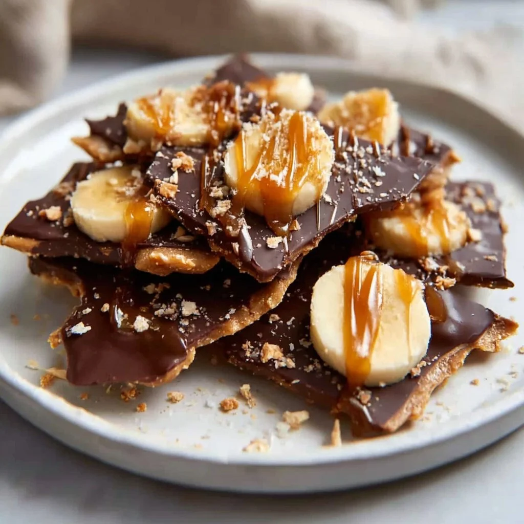 Healthy chocolate peanut butter banana bark topped with crunchy nuts