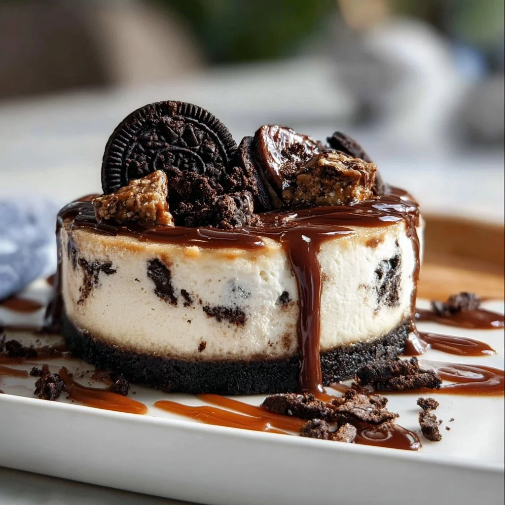Delicious homemade Oreo Cheesecake topped with cookie crumbs