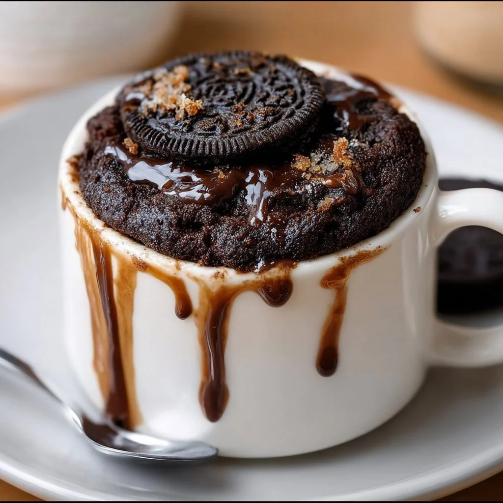 Delicious homemade Oreo Mug Cake served in a chocolate-colored mug.