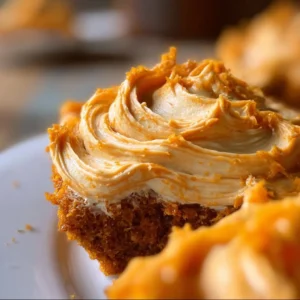 Delicious pumpkin cream cheese frosting swirling on a pumpkin cake