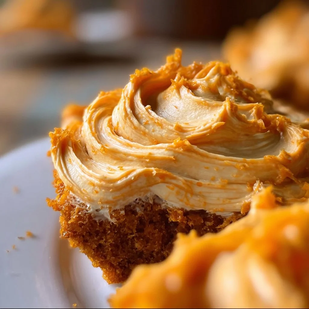 Delicious pumpkin cream cheese frosting swirling on a pumpkin cake