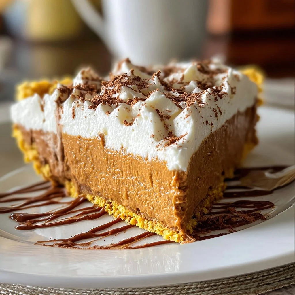 Delicious homemade Pumpkin Silk Pie served on a plate with whipped cream
