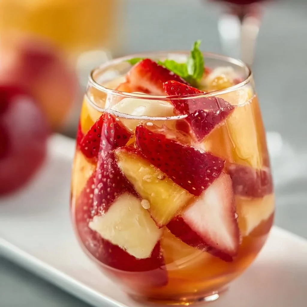 Refreshing Strawberry Peach Sangria in a glass with fruit garnishes