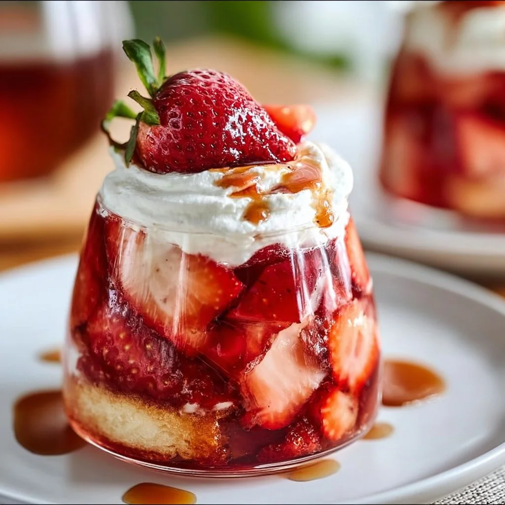 Refreshing Strawberry Shortcake Sangria in a glass with strawberries and cake.
