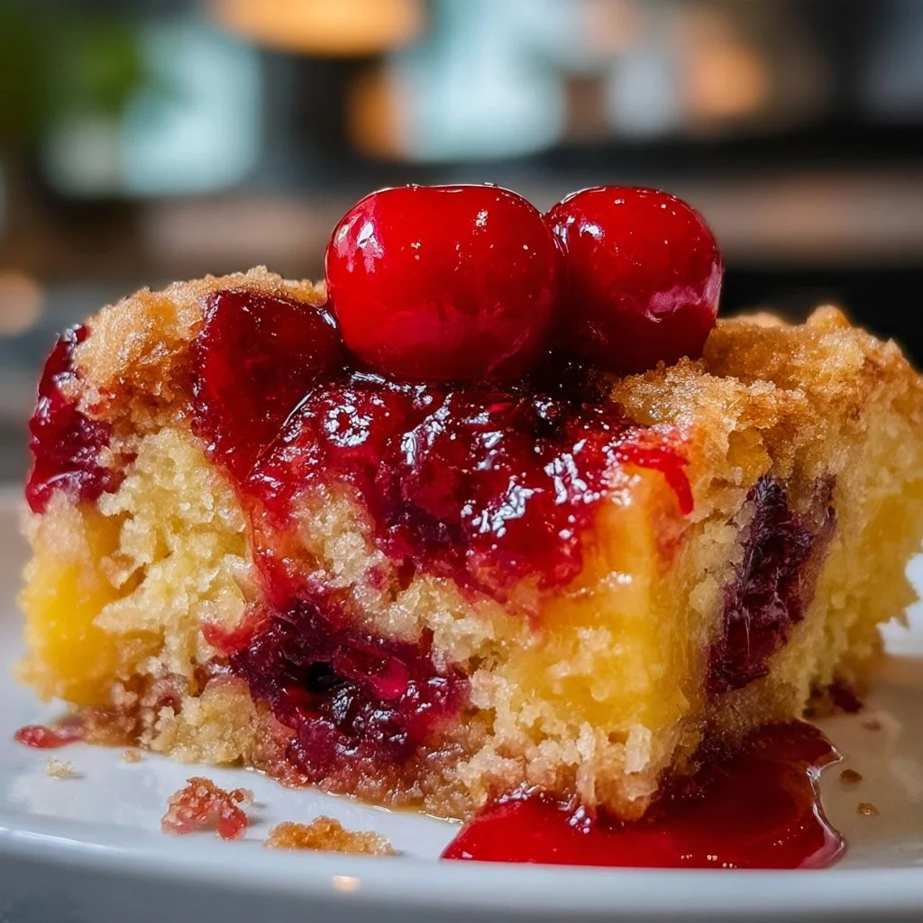 Cherry Pineapple Dump Cake topped with cherries and pineapples, a delicious dessert
