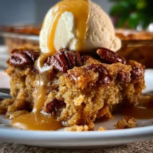 Delicious pecan pie dump cake served with whipped cream and pecans on top