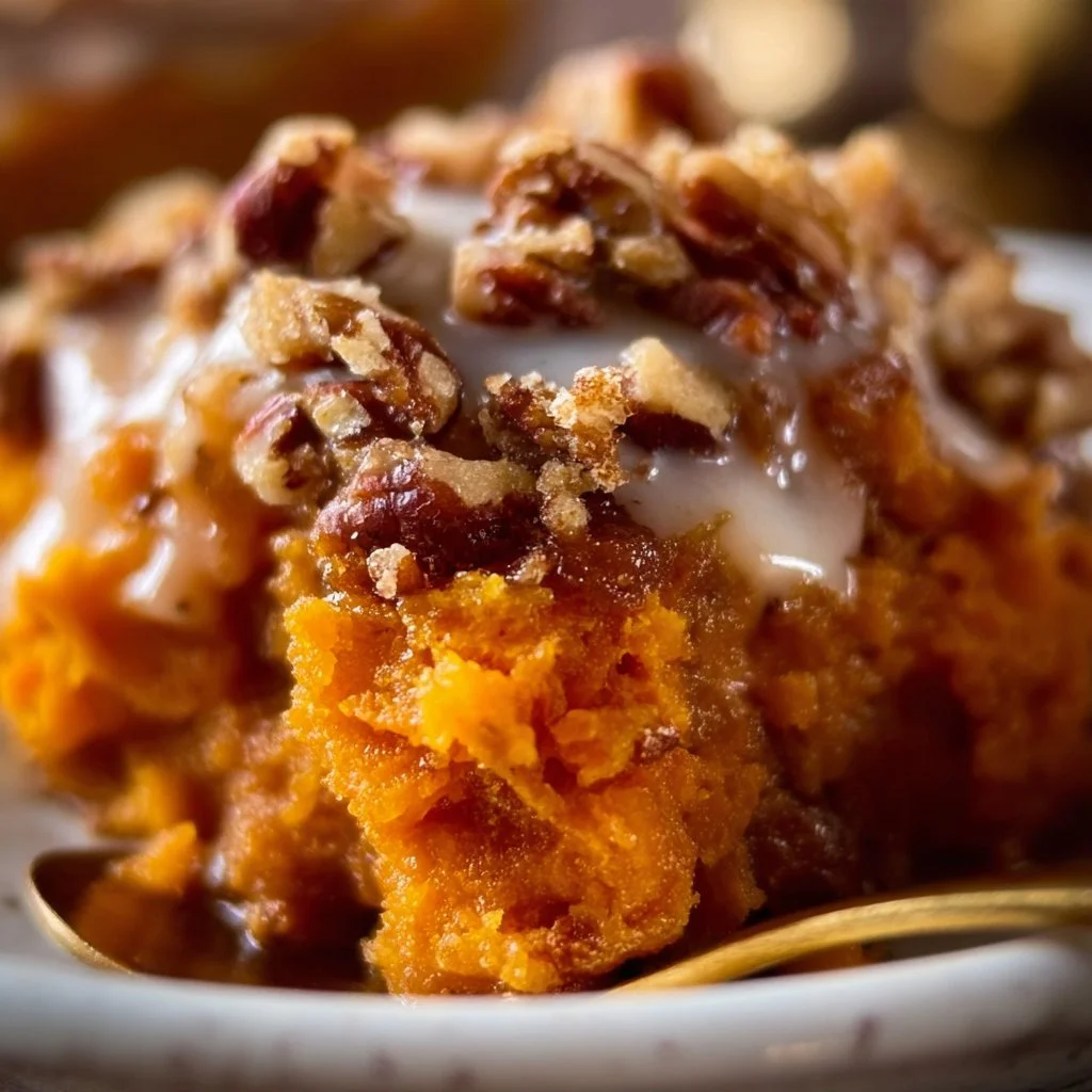 Delicious Southern Sweet Potato Casserole topped with marshmallows and pecans